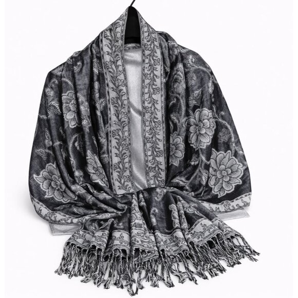 Flower Barn Accessories - Black White Paisley Jacquard Scarf Shawl Fringe Boho Wrap Women 72x28